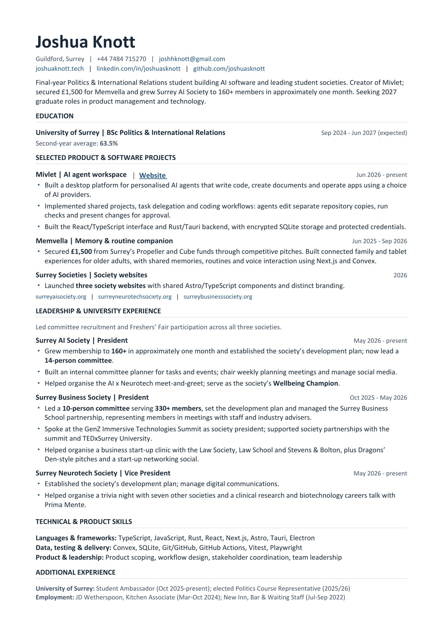 Joshua Knott’s CV, page 1 of 1. Open the CV link to read the document text and follow its links.