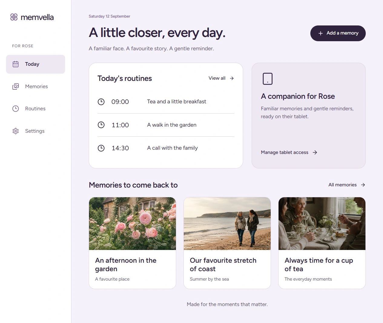 Memvella’s Today page with sample daily routines, companion access and family memory photographs