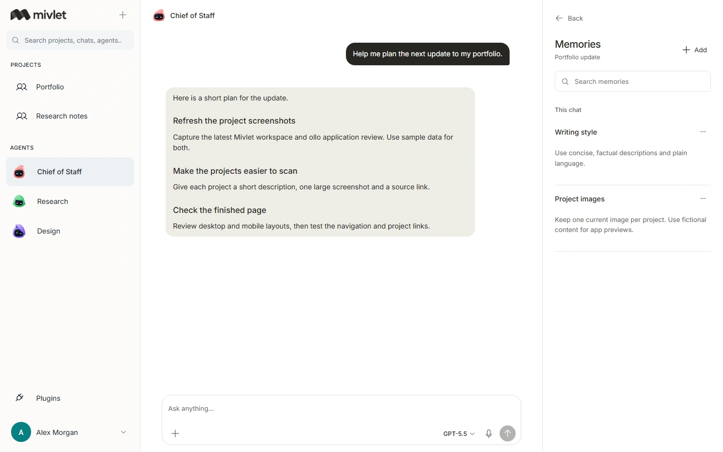 Mivlet’s current AI agent workspace with a sample conversation and its Memories panel