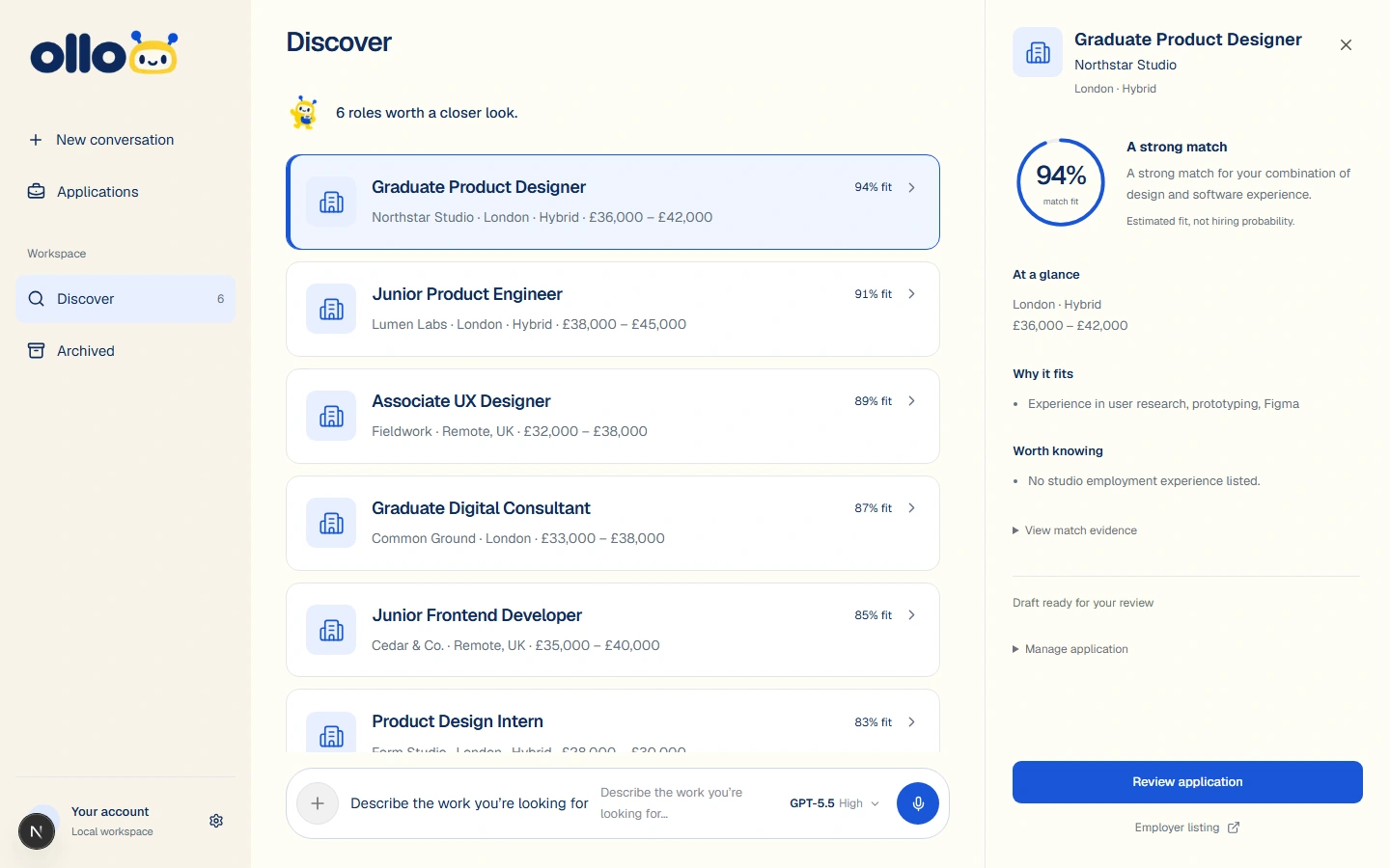 ollo’s current role review workspace showing fictional roles, fit evidence and its job search assistant