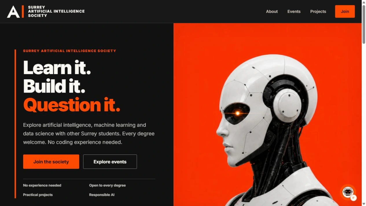 Surrey AI Society homepage with its Learn it, Build it, Question it identity