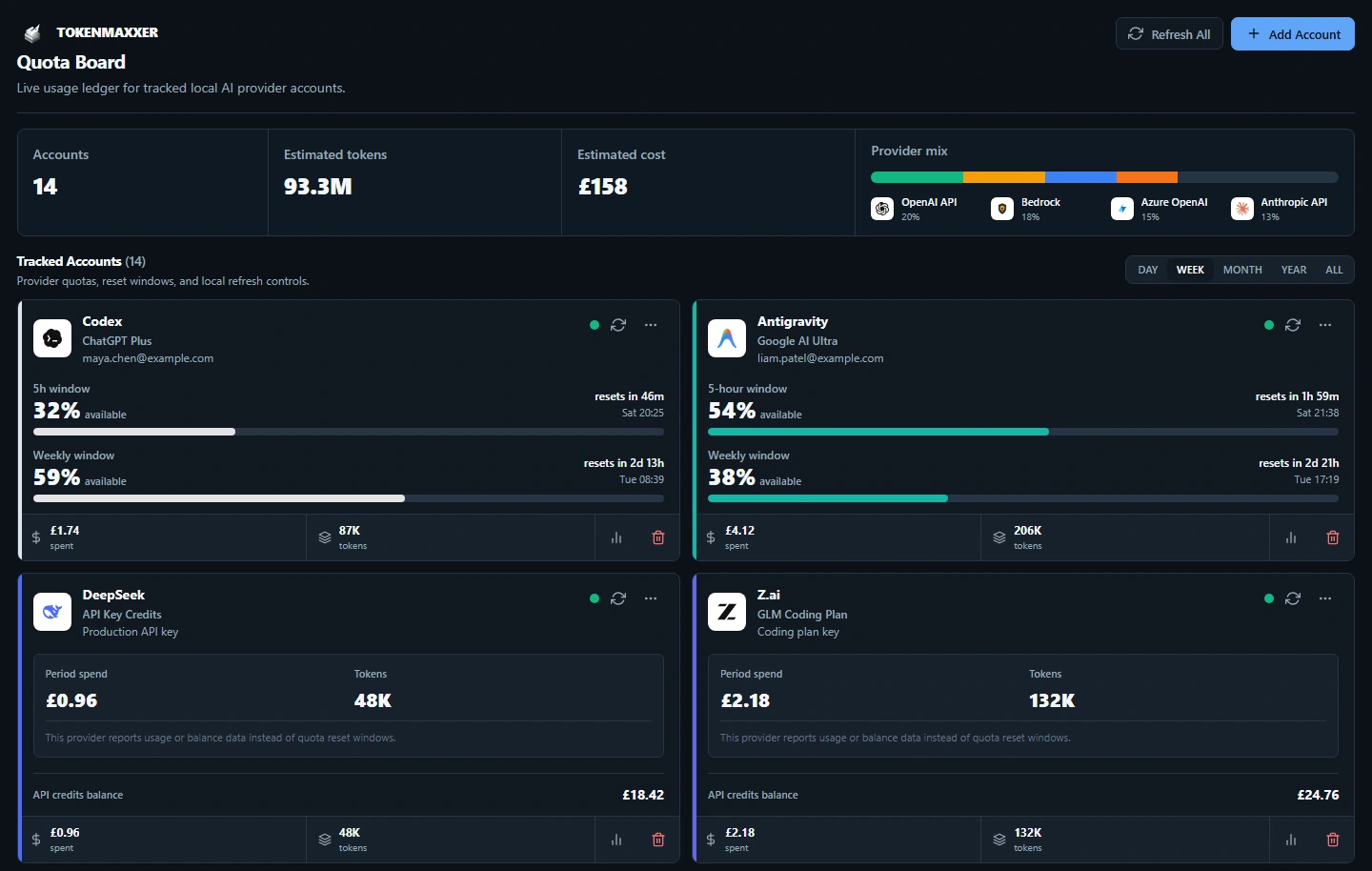 TokenMaxxer’s dashboard with sample AI account usage, remaining quotas and reset times