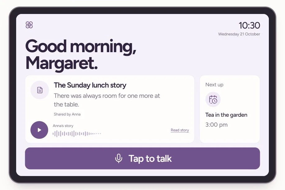 Memvella’s Companion tablet demo with a family story, a gentle reminder and Tap to talk