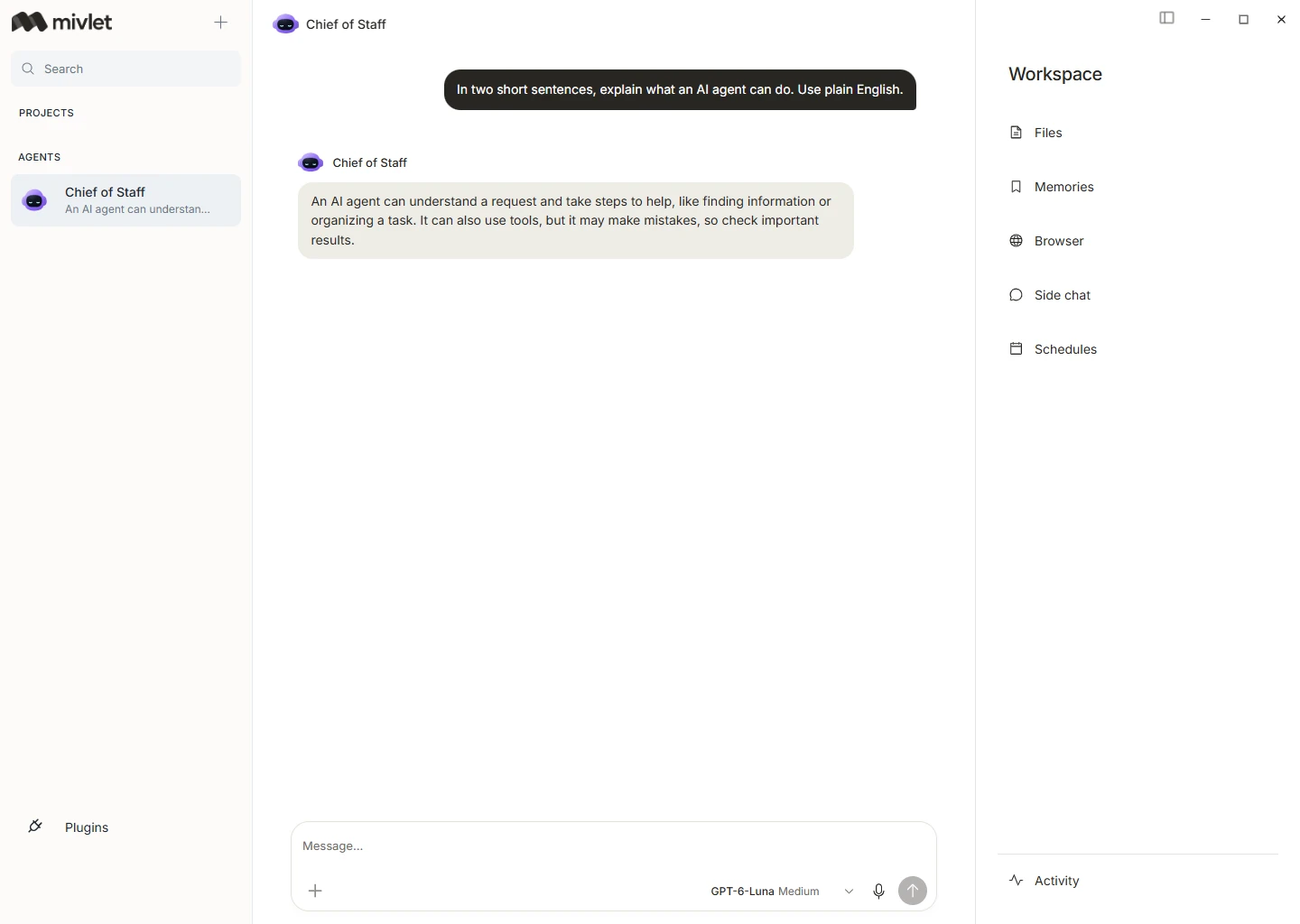 Mivlet’s current desktop workspace with a real model response