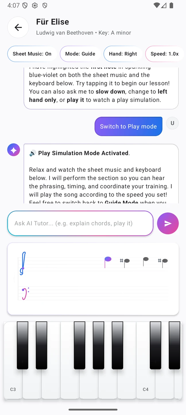 Pianoforte’s current Android lesson with sheet music and piano keyboard