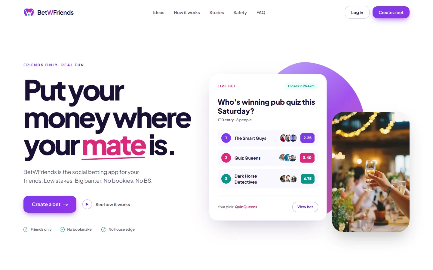 BetWFriends product page showing private bets, wallet balance, and a live bet between friends