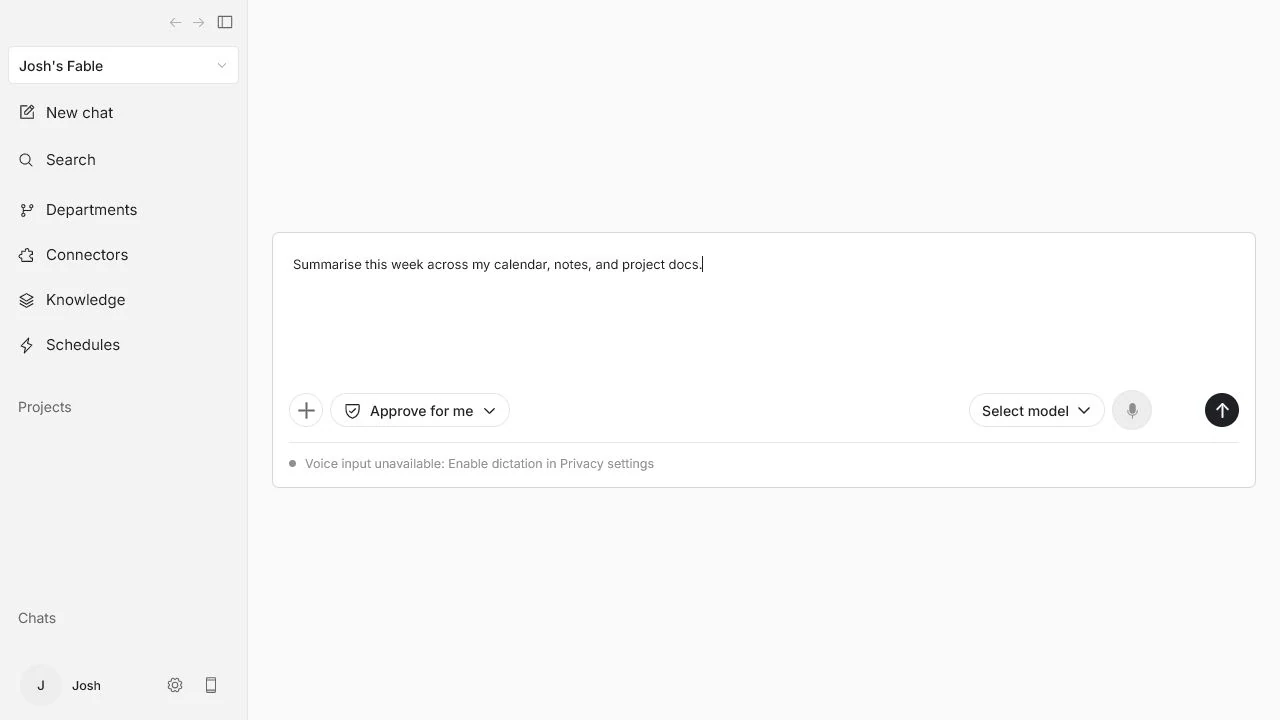Fable chat workspace with sidebar navigation, approval controls, model selection, and composer