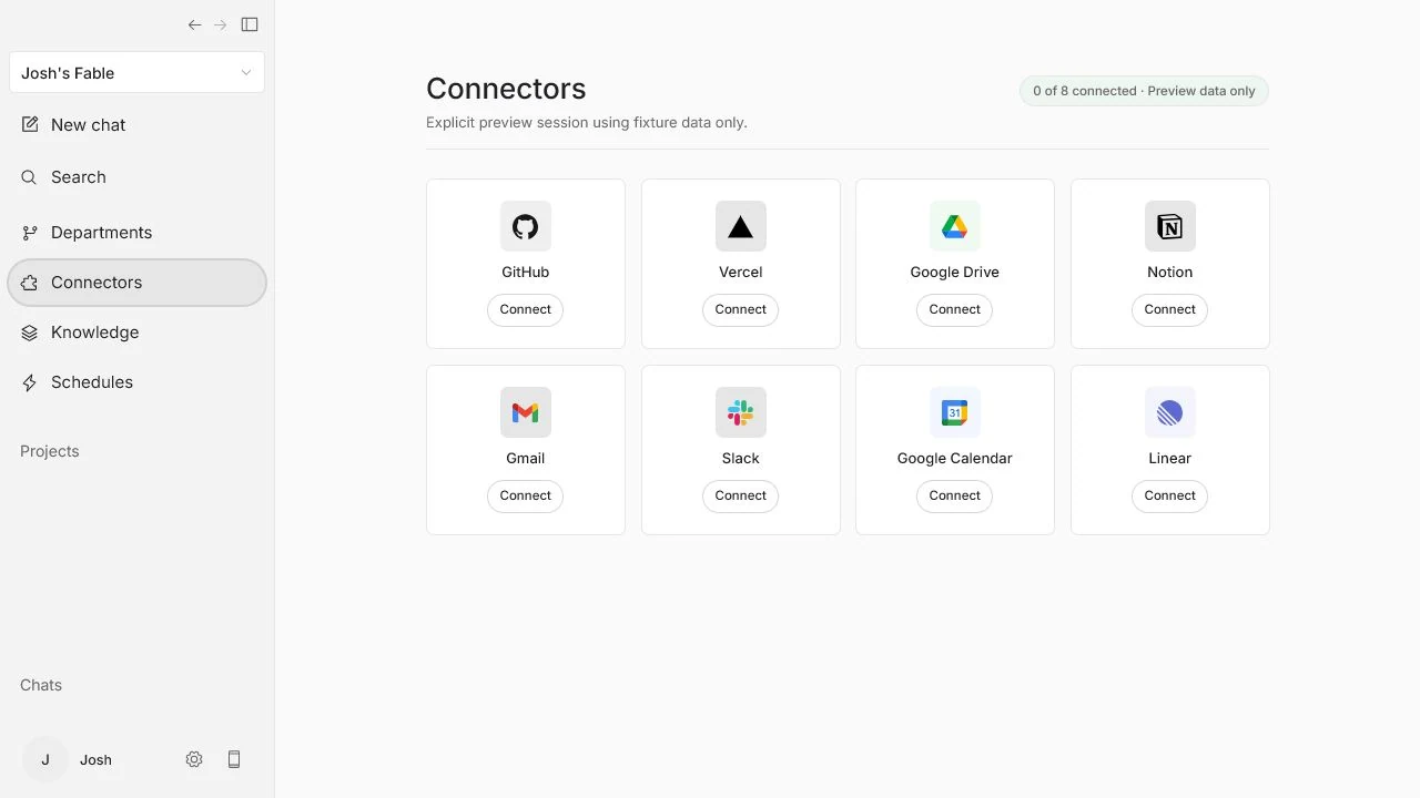 Fable connectors screen showing GitHub, Vercel, Google Drive, Notion, Gmail, Slack, Google Calendar, and Linear preview connectors