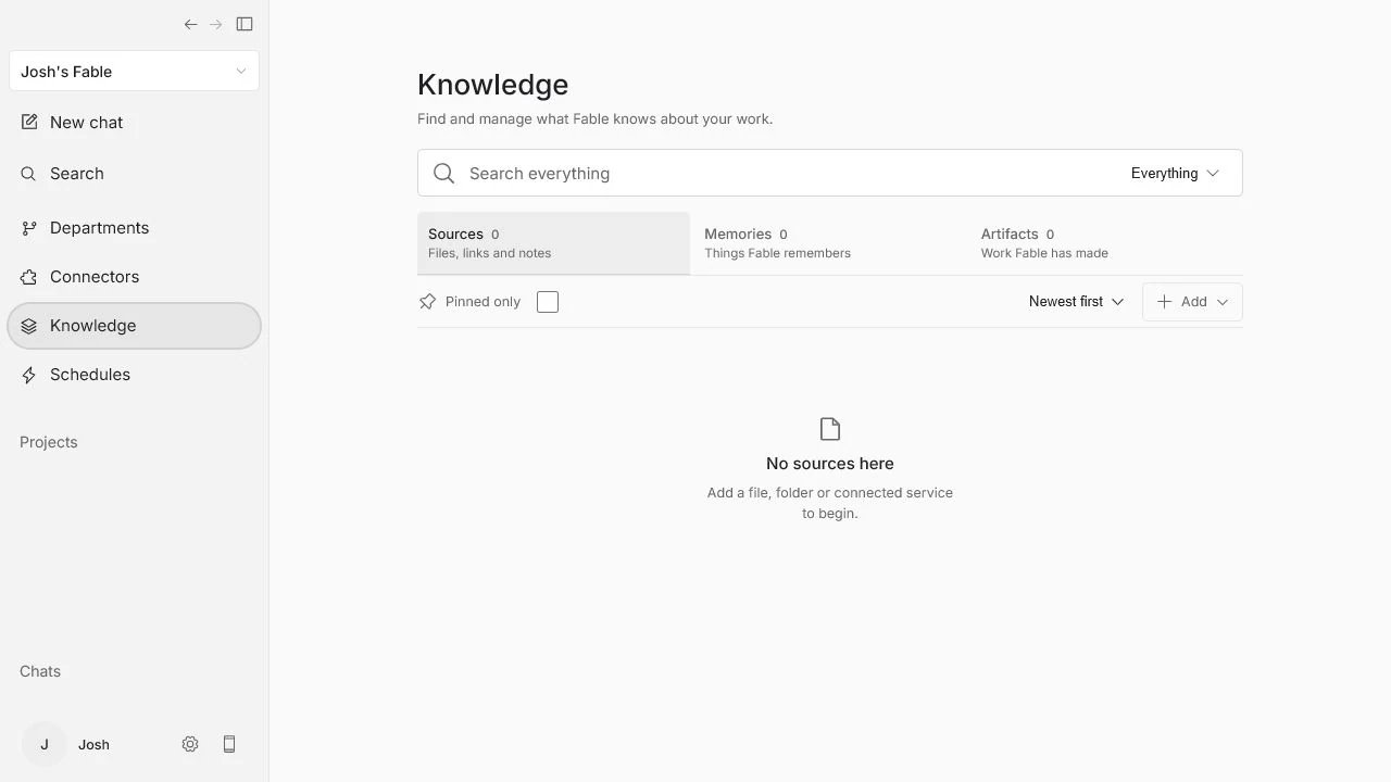 Fable knowledge screen with source, memory, and artifact tabs plus search and add controls