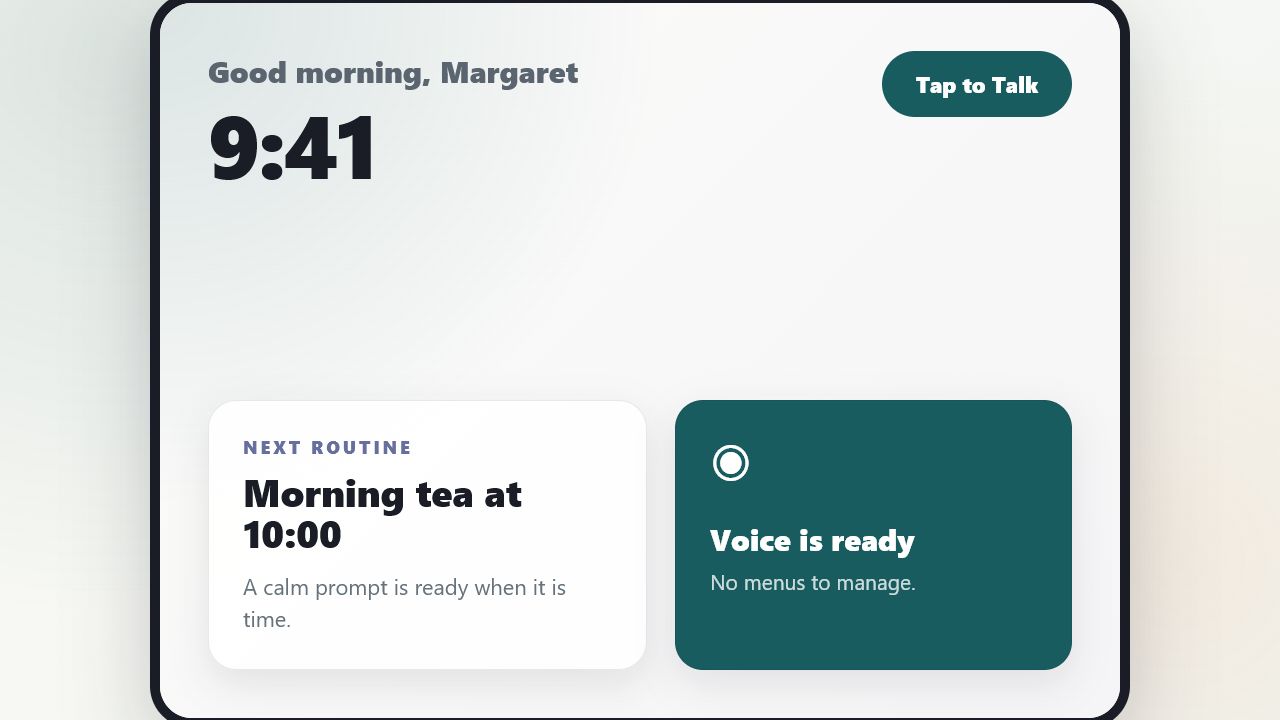 Memvella companion tablet showing next routine and voice-ready state for Margaret