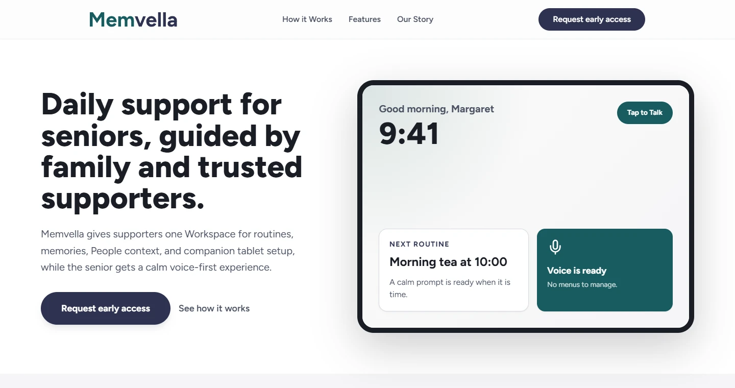 Memvella presentation showing the companion tablet and calm daily support interface