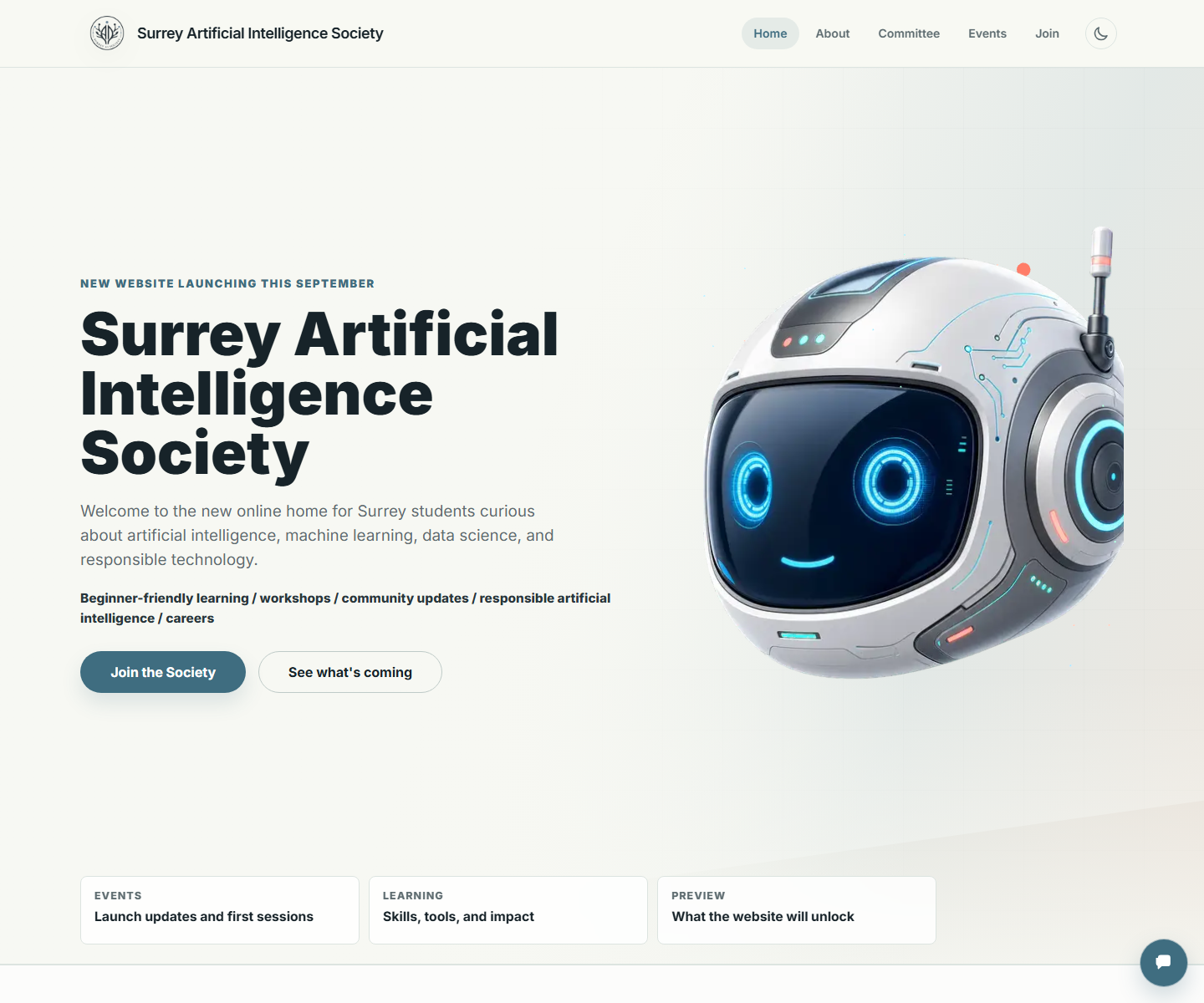 Surrey Artificial Intelligence Society public website homepage preview