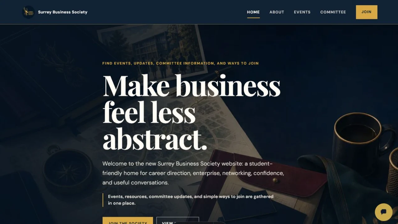 Surrey Business Society public website homepage with events, updates, committee information, and join call to action