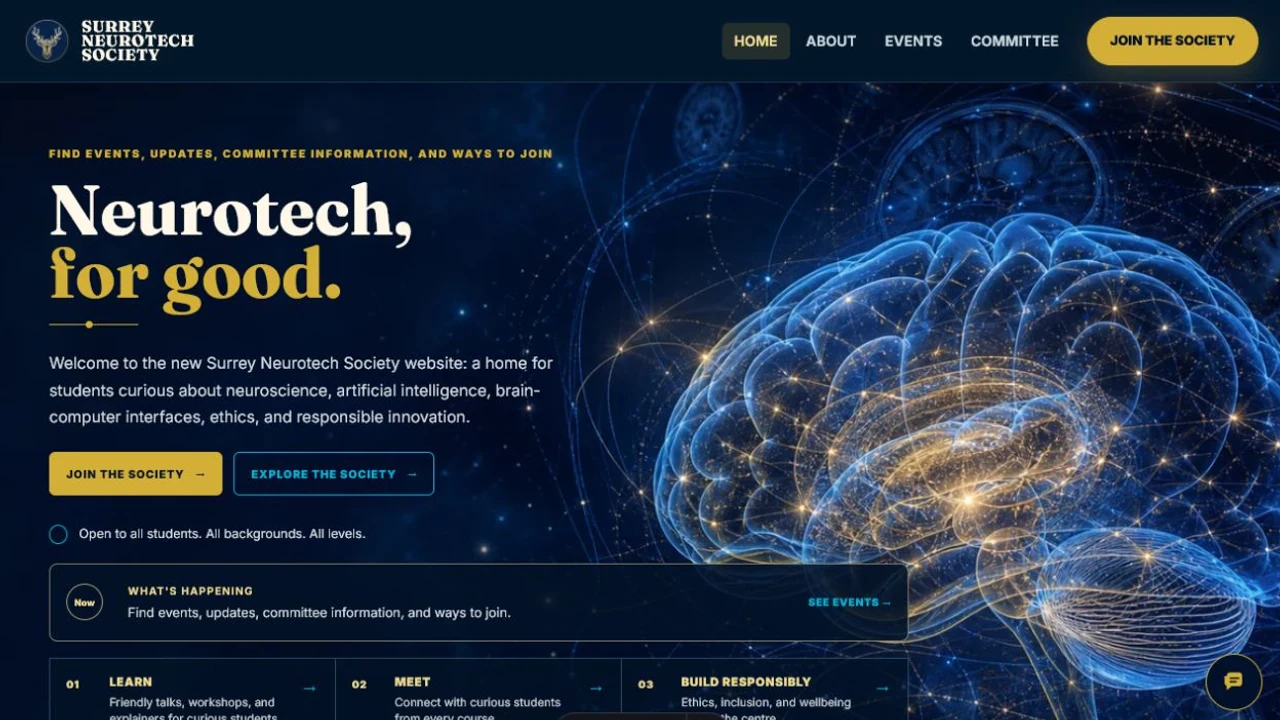 Surrey Neurotech Society public website homepage with events, committee, and join navigation