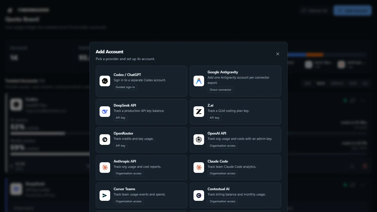 TokenMaxxer add account modal listing supported LLM usage providers