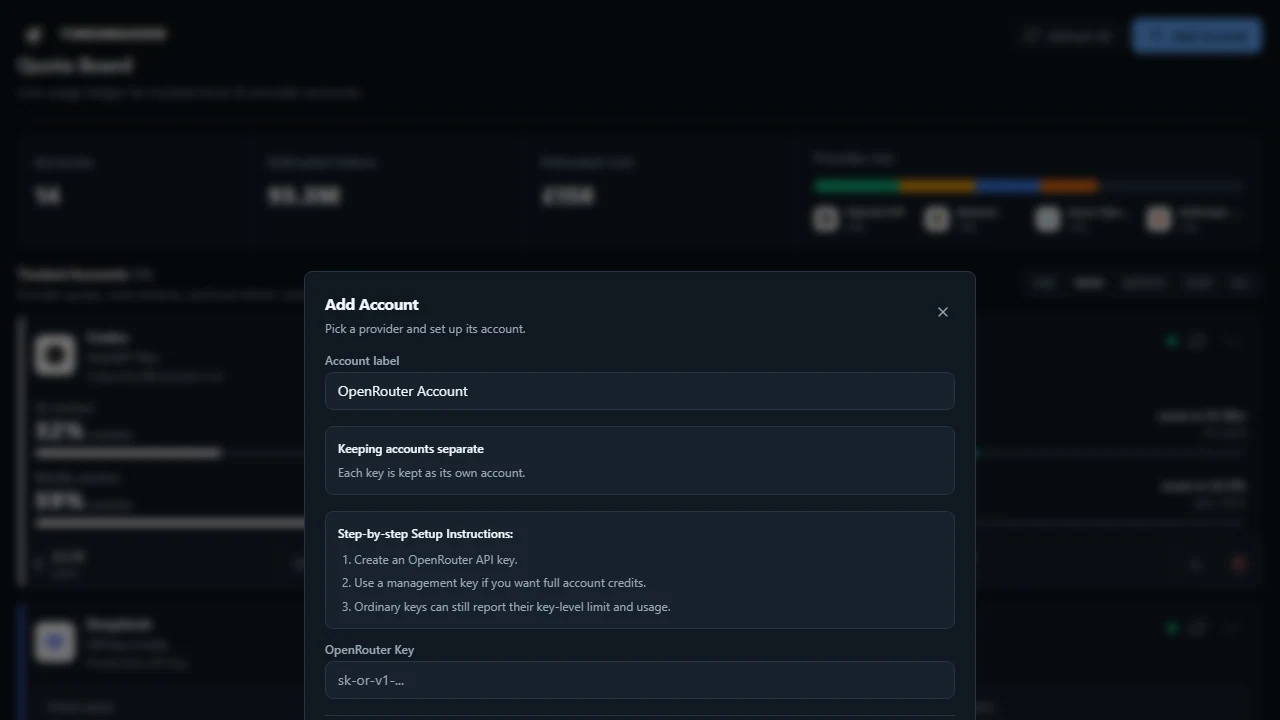 TokenMaxxer OpenRouter setup form with account label, setup instructions, and API key field